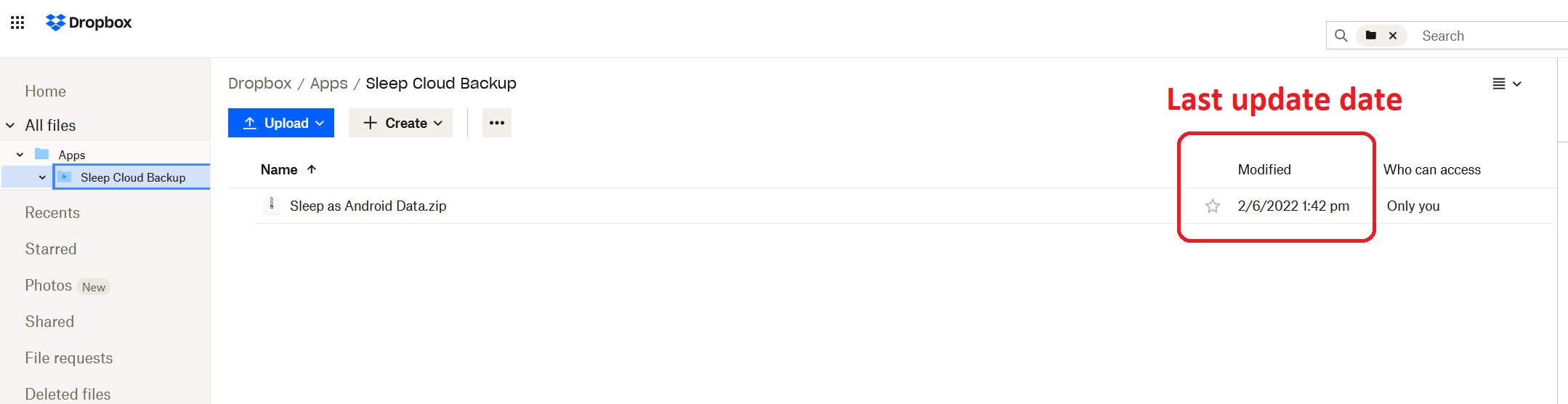 DropBox last back up